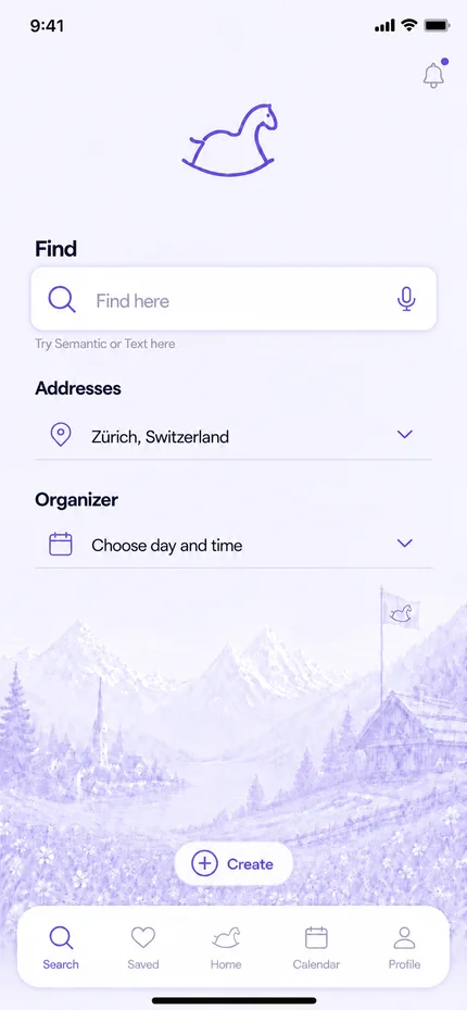 Gogo app: Find screen with search, address and day-and-time picker
