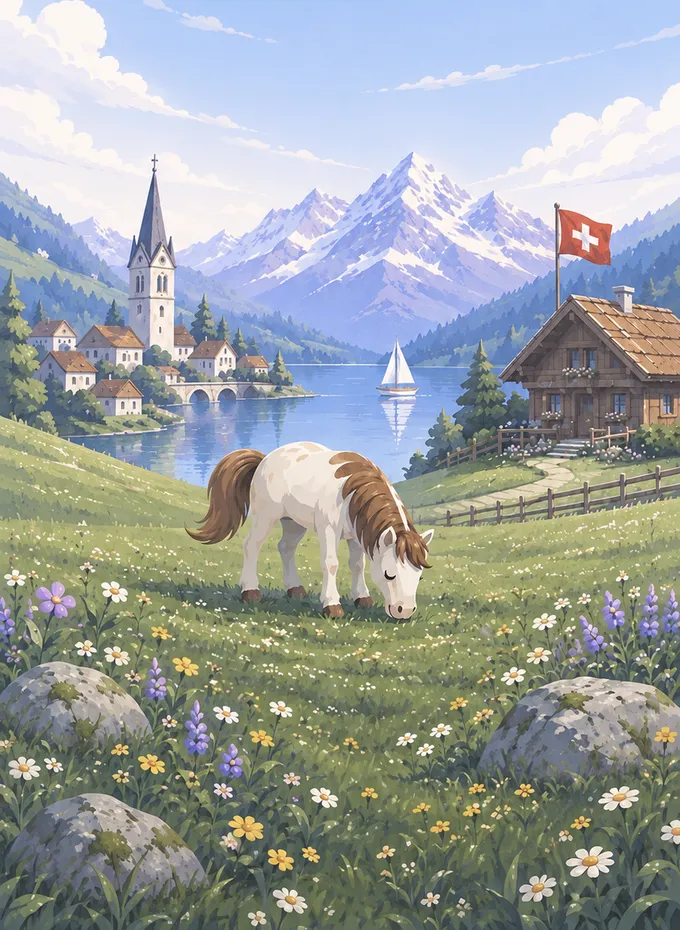 Illustration: a pony grazing in an alpine meadow by a Swiss lake